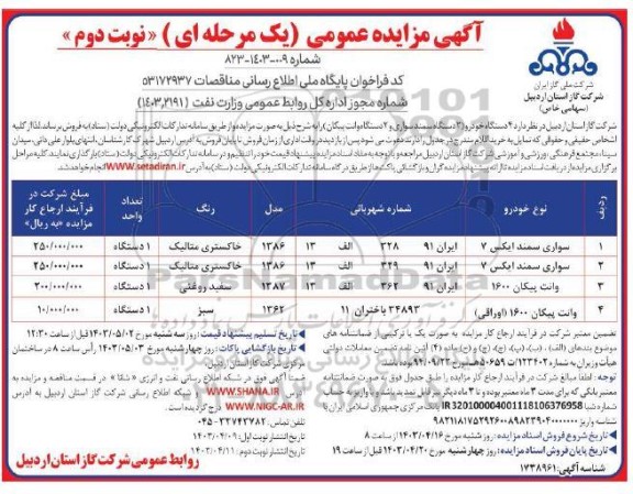 مزایده عمومی فروش 4 دستگاه خودرو (2 دستگاه سمند سواری و 2 دستگاه وانت پیکان) - نوبت دوم