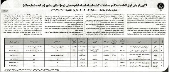 مزایده فروش املاک و مستغلات با کاربری مسکونی - تجاری مسکونی فرسوده - اداری - مسکونی نوبت دوم