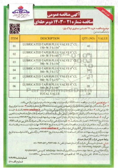 مناقصه خرید 128 عدد شیر سماوری (پلاک ولو) نوبت دوم 