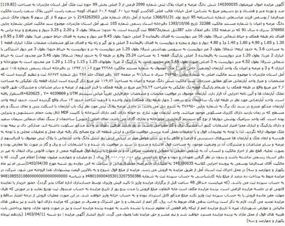 اگهی مزایده یک قطعه مغازه نوع ملک طلق با کاربری تجاری به پلاک ثبتی 1 فرعی از 1073 اصلی