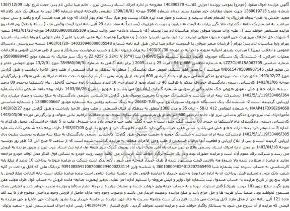 آگهی مزایده  ششدانگ یک دستگاه خودروی کامیون کشنده سیستم هوو(HOWO) 