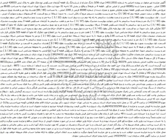 آگهی مزایده میزان 3/56 دانگ مشاع از ششدانگ یک قطعه آپارتمان مسکونی نوع ملک طلق به پلاک ثبتی 428533 فرعی از 2395 اصلی