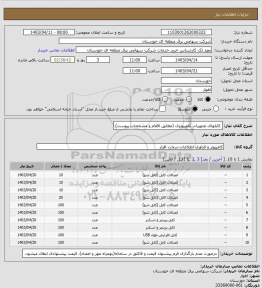 استعلام کابلهای تجهیزات کامپیوتری (مطابق اقلام و مشخصات پیوست)