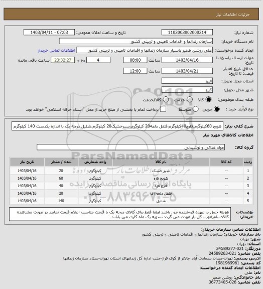 استعلام هویج 60کیلوگرم،قارچ40کیلوگرم،فلفل دلمه20 کیلوگرم،سیرخشک20 کیلوگرم،شلیل درجه یک با اندازه یکدست 140 کیلوگرم