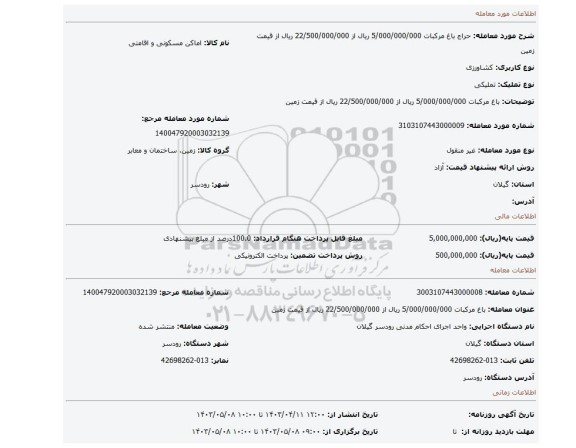 باغ مرکبات 5/000/000/000 ریال از 22/500/000/000 ریال از قیمت زمین
