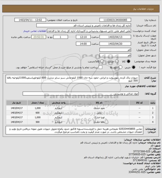 استعلام حبوبات پاک کرده، خوشپخت و ایرانی -نخود سه خان 1000 کیلو-ماش سبز سایز درشت 600 کیلو-لوبیاسفید1000کیلو-لپه باقلا 500 کیلو