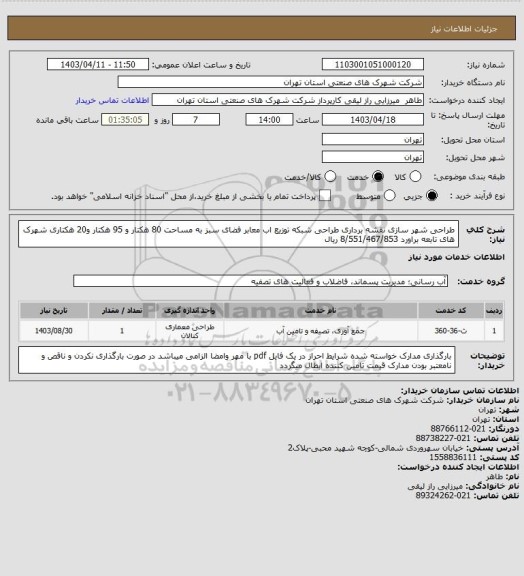 استعلام طراحی شهر سازی نقشه برداری طراحی شبکه توزیع اب معابر فضای سبز به مساحت 80 هکتار و 95 هکتار  و20 هکتاری شهرک های تابعه براورد 8/551/467/853 ریال