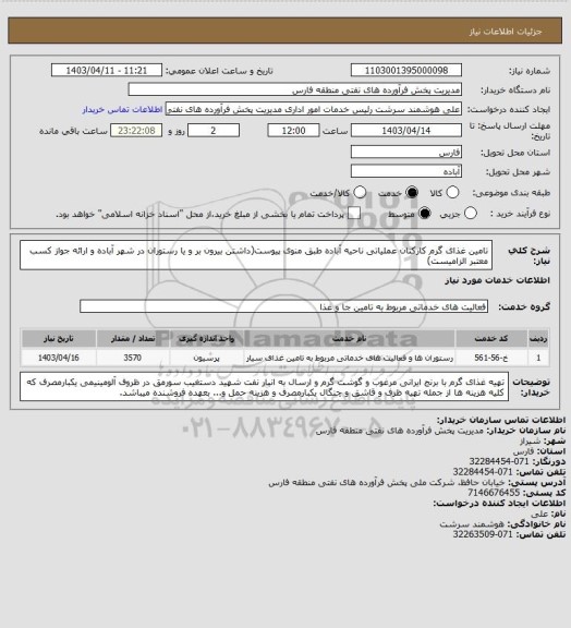 استعلام تامین غذای گرم کارکنان عملیاتی ناحیه آباده طبق منوی پیوست(داشتن بیرون بر و یا رستوران در شهر آباده و ارائه جواز کسب معتبر الزامیست)