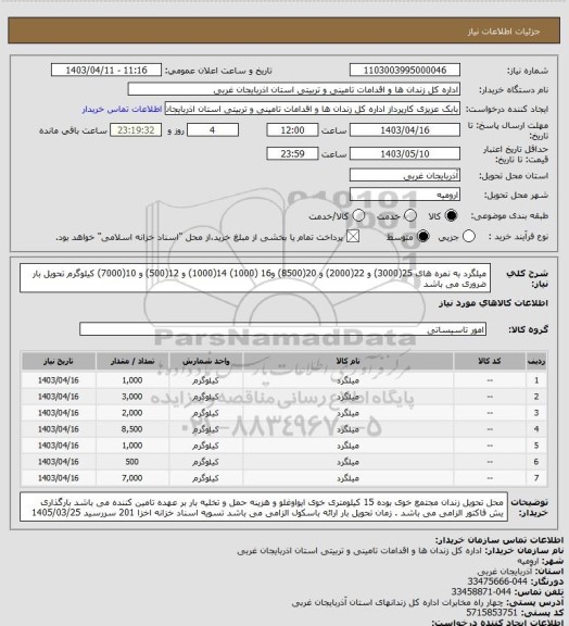 استعلام میلگرد به نمره های 25(3000) و 22(2000) و 20(8500) و16 (1000)  14(1000) و 12(500) و 10(7000) کیلوگرم تحویل بار ضروری می باشد
