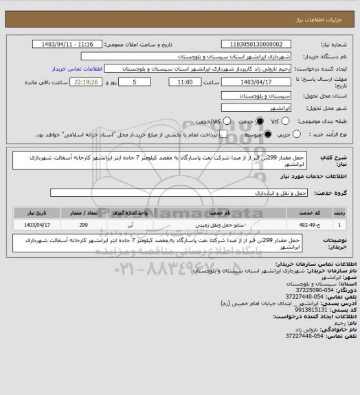 استعلام حمل مقدار 299تن قیر از از مبدا شرکت نفت پاسارگاد به مقصد کیلومتر 7 جاده ابتر ایرانشهر کارخانه آسفالت شهرداری ایرانشهر