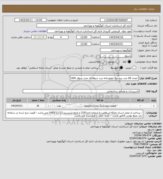 استعلام تعداد 26 عدد پره دیگ موتورخانه برند شوفاژکار مدل سولار 400