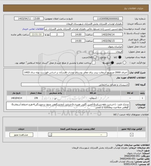 استعلام اجرای 2000 مترمربع آسفالت بیندر برای معابر روستای لوشاب قلندرآباد بر اساس فهرست بهاء سال 1403