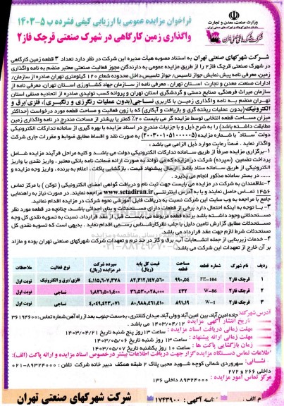 مزایده واگذاری زمین کارگاهی در شهرک صنعتی