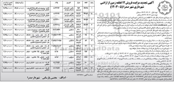 تجدید مزایده فروش 12 قطعه زمین از اراضی شهرداری صدرا - نوبت دوم 