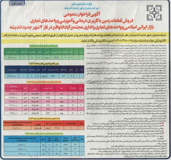 مزایده فروش قطعات زمین با کاربری درمانی، آموزشی واحدهای تجاری  و اداری