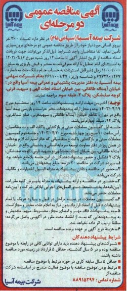 مناقصه تعداد 300 نفر نیروی انسانی مورد نیاز 