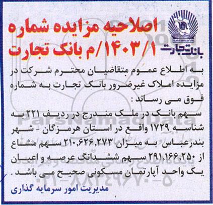 اصلاحیه مزایده فروش املاک و مستغلات، کارخانجات و ماشین آلات با شرایط استثنایی