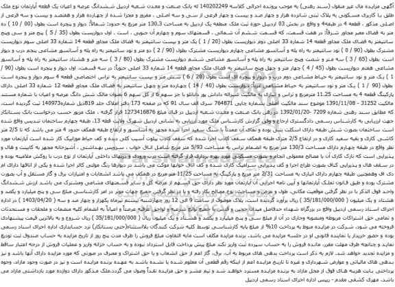 آگهی مزایده ششدانگ عرصه و اعیان یک قطعه آپارتمان نوع ملک طلق با کاربری مسکونی به پلاک ثبتی شانزده هزار و چهار صد و بیست و چهار فرعی از سی و سه اصلی
