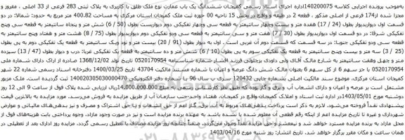 آگهی مزایده ششدانگ یک باب عمارت نوع ملک طلق با کاربری به پلاک ثبتی 283 فرعی از 33 اصلی ، مفروز و مجزا شده از174 فرعی از اصلی
