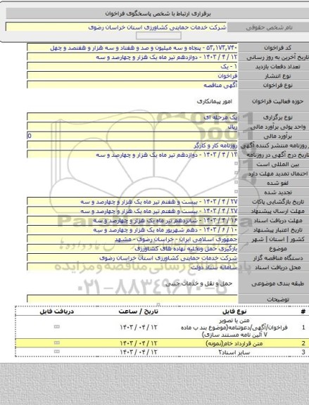 مناقصه, بارگیری حمل وتخلیه نهاده های کشاورزی