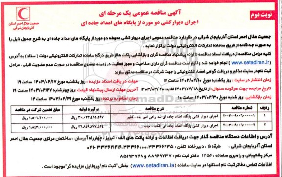 مناقصه اجرای دیوارکشی پایگاه امداد جاده ای سه راهی... - نوبت دوم 