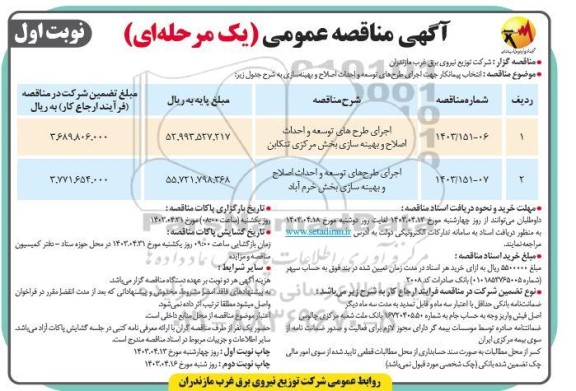 مناقصه اجرای طرح های توسعه و احداث اصلاح و بهینه سازی ...