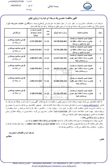 مناقصه عمليات نصب انشعابات آب، خدمات جانبی و مرمت آسفالت ...
