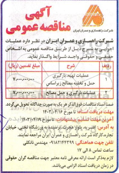 مناقصه عملیات تهیه ، بارگیری حمل و تخلیه مصالح زیراساس..