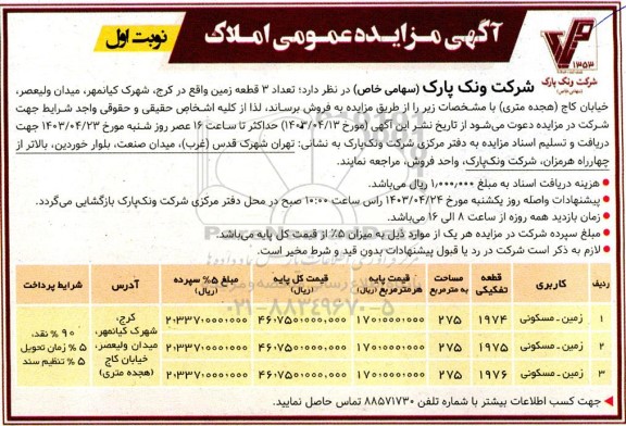 مزایده فروش تعداد 3 قطعه زمین 