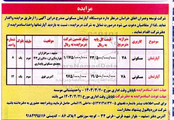 مزایده واگذاری دو دستگاه آپارتمان مسکونی