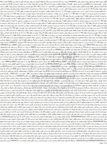 مزایده سه دانگ مشاع از ششدانگ یک قطعه آپارتمان مسکونی نوع ملک طلق به پلاک ثبتی 27656 فرعی از 49 اصلی