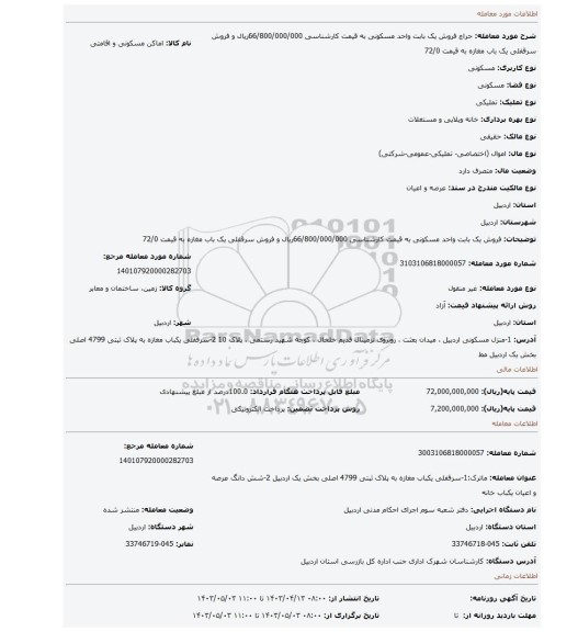 فروش یک بابت واحد مسکونی به قیمت کارشناسی 66/800/000/000ریال و فروش سرقفلی یک باب مغازه به قیمت 72/0