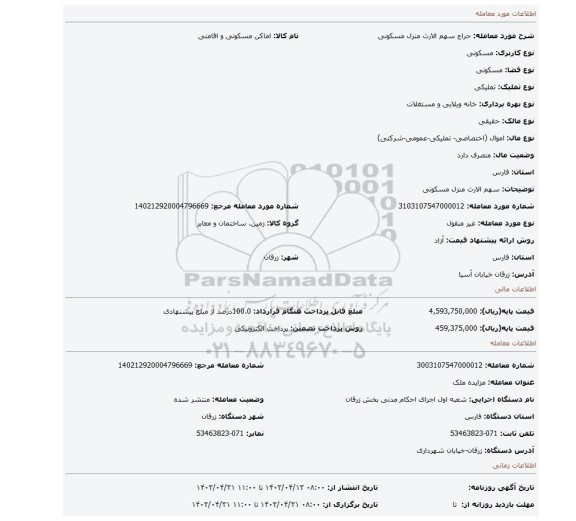 سهم الارث منزل مسکونی