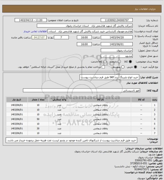 استعلام خرید انواع بلبرینگ برند SKF طبق فرم دیتاشیت پیوست