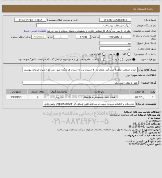 استعلام انجام خدمات حمل 4 عدد آنتن مخابراتی از استان یزد به استان هرمزگان طبق شرایط و شرح خدمات پیوست