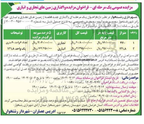 فراخوان مزایده واگذاری زمین های تجاری و انباری