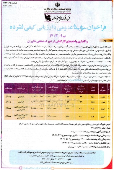 مزایده واگذاری واحدهای کارگاهی در شهرک صنعتی خاوران نوبت دوم