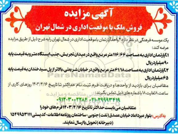 مزایده فروش ملک با موقعیت اداری