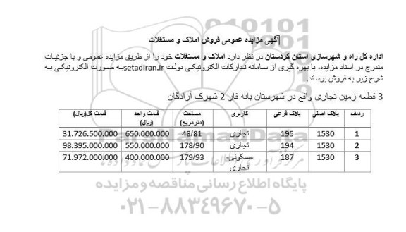 مزایده عمومی فروش 3 قطعه زمین تجاری