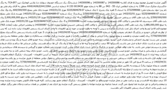 آگهی مزایده ششدانگ یک دستگاه خودروی سواری دنا پلاس اتوماتیک تیپ TCA-EF7