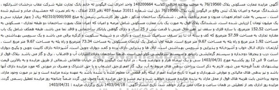 آگهی مزایده ششدانگ عرصه و اعیان پلاک ثبتی واقع در الیگودرز تحت پلاک 76/19560 ذیل ثبت شماره 31011 صفحه 407 دفتر 233