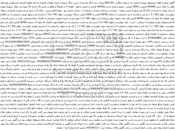 آگهی مزایده میزان سه دانگ مشاع از شش دانگ عرصه و اعیان یکواحد آپارتمان به یک قطعه آپارتمان مسکونی نوع ملک طلق به پلاک ثبتی 424906 فرعی از 2395 اصلی
