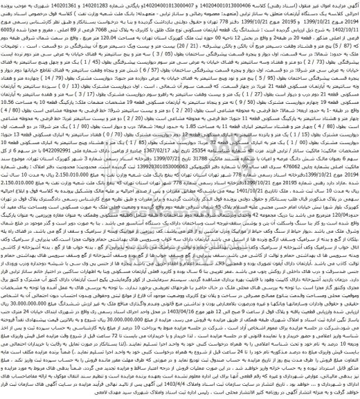 آگهی مزایده ششدانگ یک قطعه آپارتمان مسکونی نوع ملک طلق با کاربری به پلاک ثبتی 7068 فرعی از 89 اصلی