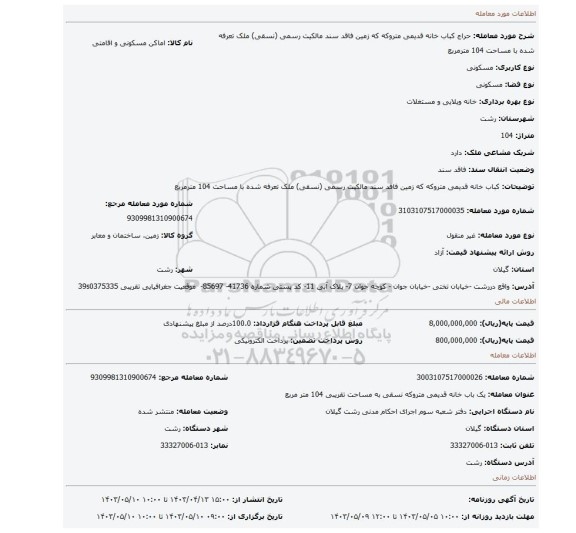 کباب خانه قدیمی متروکه که زمین فاقد سند مالکیت رسمی (نسقی) ملک تعرفه شده با مساحت 104 مترمربع