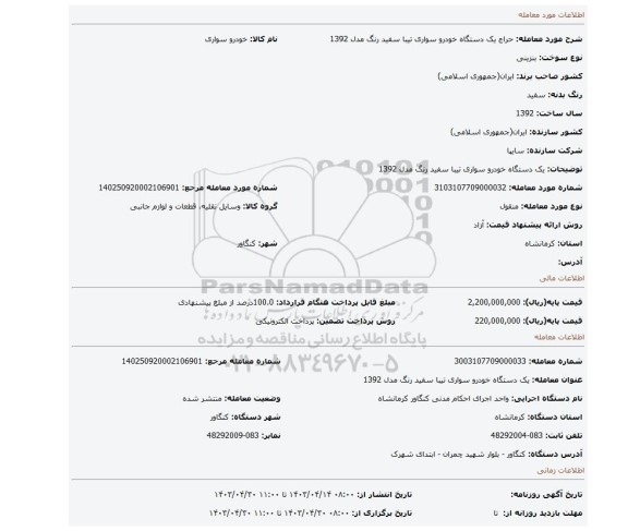 یک دستگاه خودرو سواری تیبا سفید رنگ مدل 1392