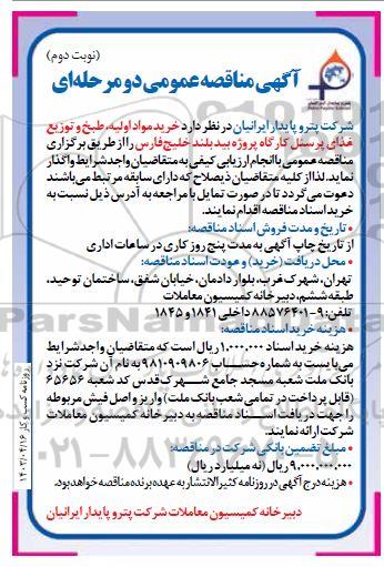 مناقصه خرید مواد اولیه طبخ و توزیع غذای پرسنل کارگاه پروژه نوبت دوم 