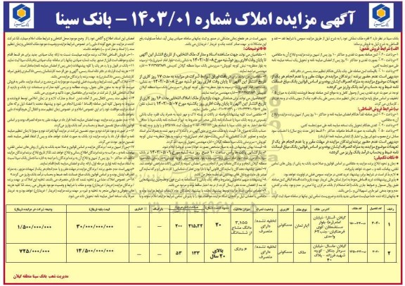 مزایده فروش دو ملک مسکونی شامل آپارتمان 215.44 مترمربع و ملک 133 مترمربع