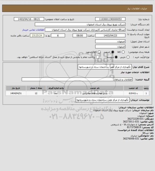 استعلام نگهداری از مرکز تلفن ساختمان ستاد و شهرستانها