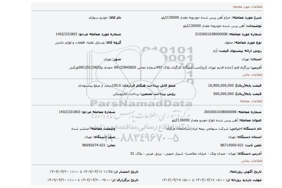 آهن پرس شده خودروبه مقدار 130000کیلو