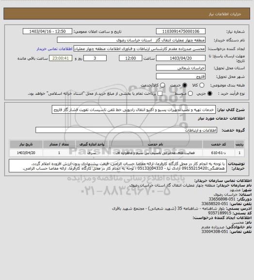 استعلام خدمات تهیه و نصب تجهیزات پسیو و اکتیو انتقال رادیویی خط تلفن تاسیسات تقویت فشار گاز فاروج